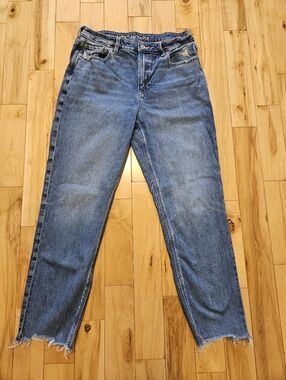 American Eagle Outfitters Strigid Mom Jean- Medium Blue Jeans with Raw Hem